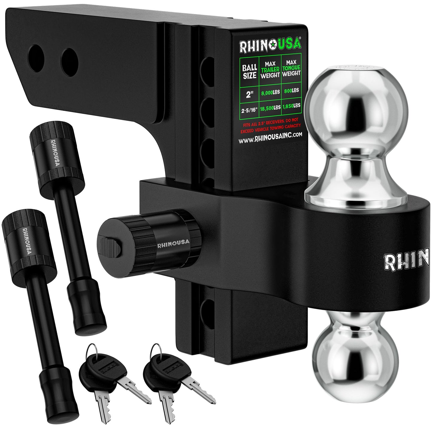 Rhino USA Adjustable Trailer Hitch (Fits 2-Inch Receiver) - Heavy Duty Aluminum Tow Hitches with 6-Inch Drop/Rise for Truck (12,500 LBS GTW) - Weatherproof Double Anti-Theft Locking Hitch Pins (Black)