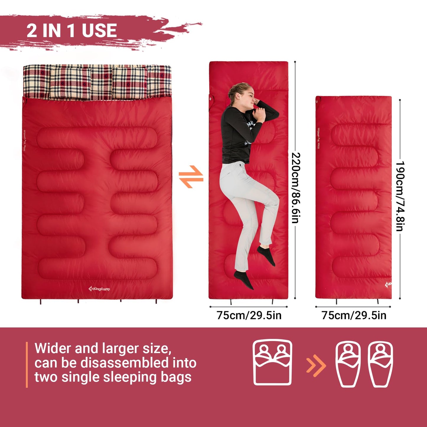 KingCamp Queen Size 2 Person Double Sleeping Bags with Pillows for Adults, 20 Degree Lightweight Backpacking Quilts for Couples Family Camping Hiking and Outdoors, Waterproof