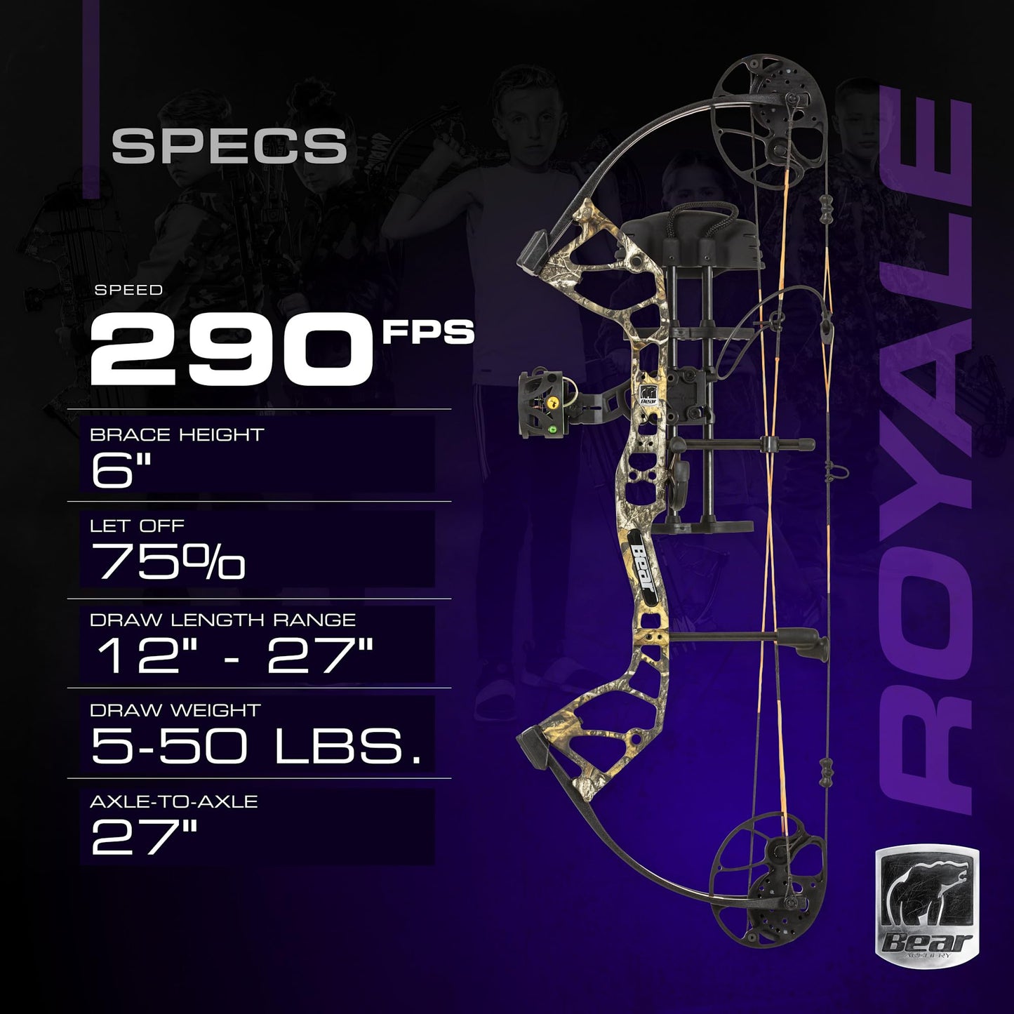 Bear Archery Royale Ready to Hunt Compound Bow Package for Adults and Youth, 12”- 27” Draw Length, 5-50 Lbs Draw Weight, Up to 290 FPS, Limbs Made in USA, Limited Life-Time Warranty