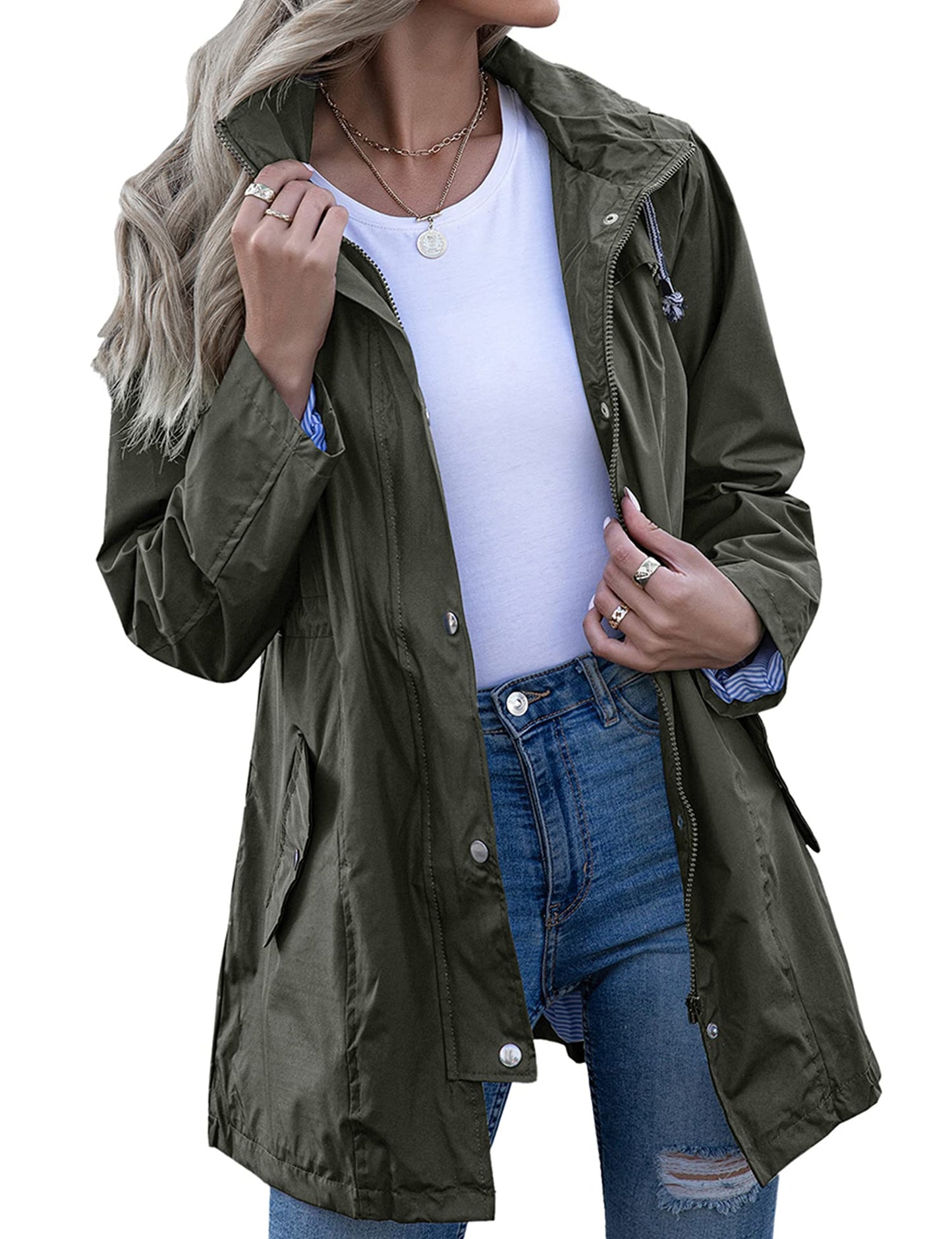 Rain Jacket Women Striped Lined Hooded Lightweight Raincoat Outdoor Waterproof Windbreaker
