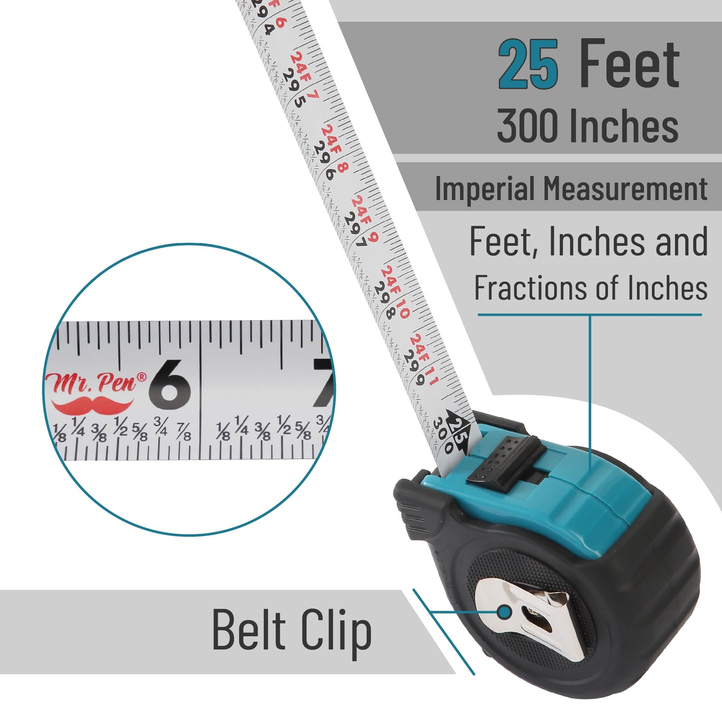 Mr. Pen 25-Foot Steel Retractable Tape Measure with Easy Read Fractions