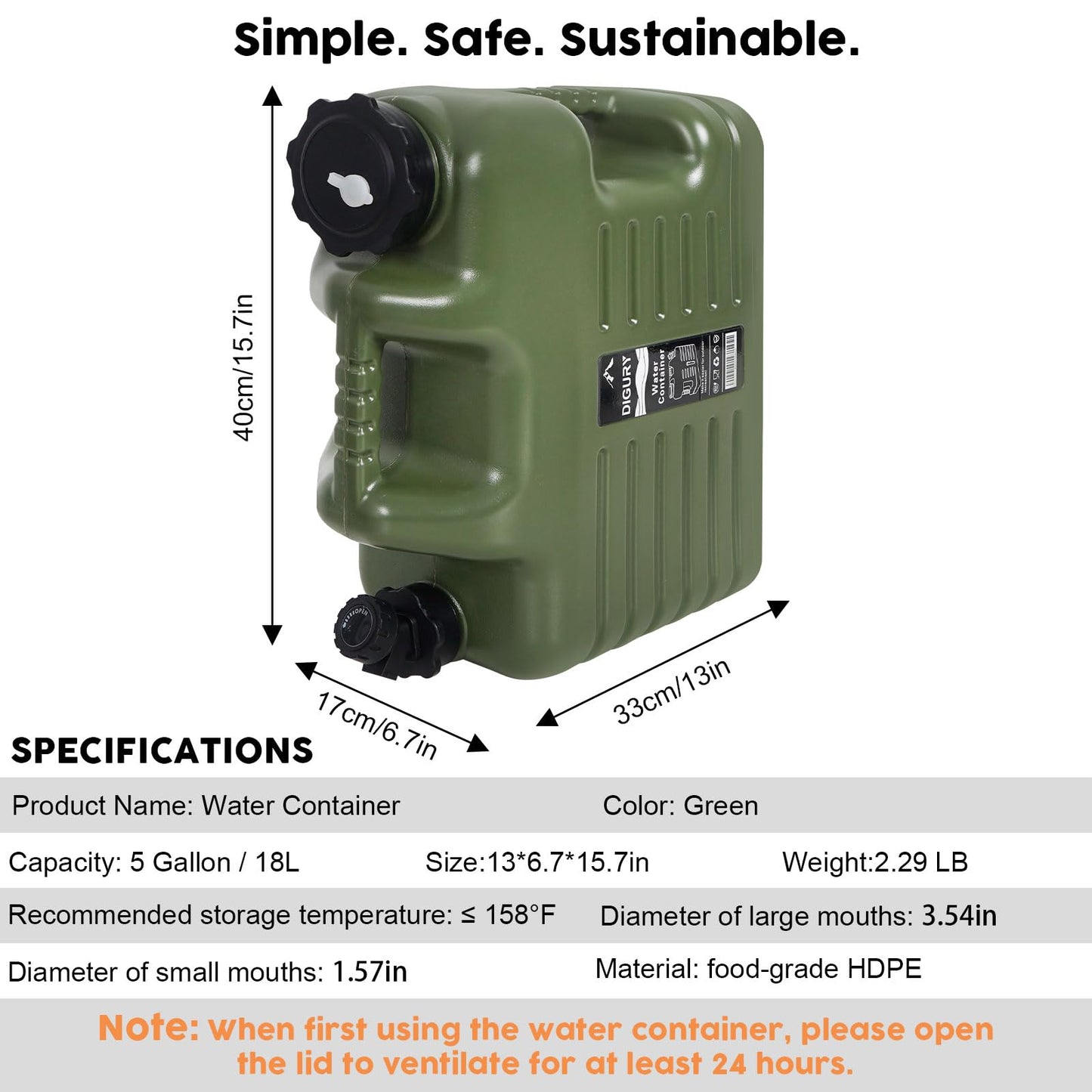 5 Gallon Water Jug, Camping Water Container BPA Free Water Storage with Spigot No Leakage Portable Emergency Water Tank for Outdoor Hiking Camping Picnic Supplies Green