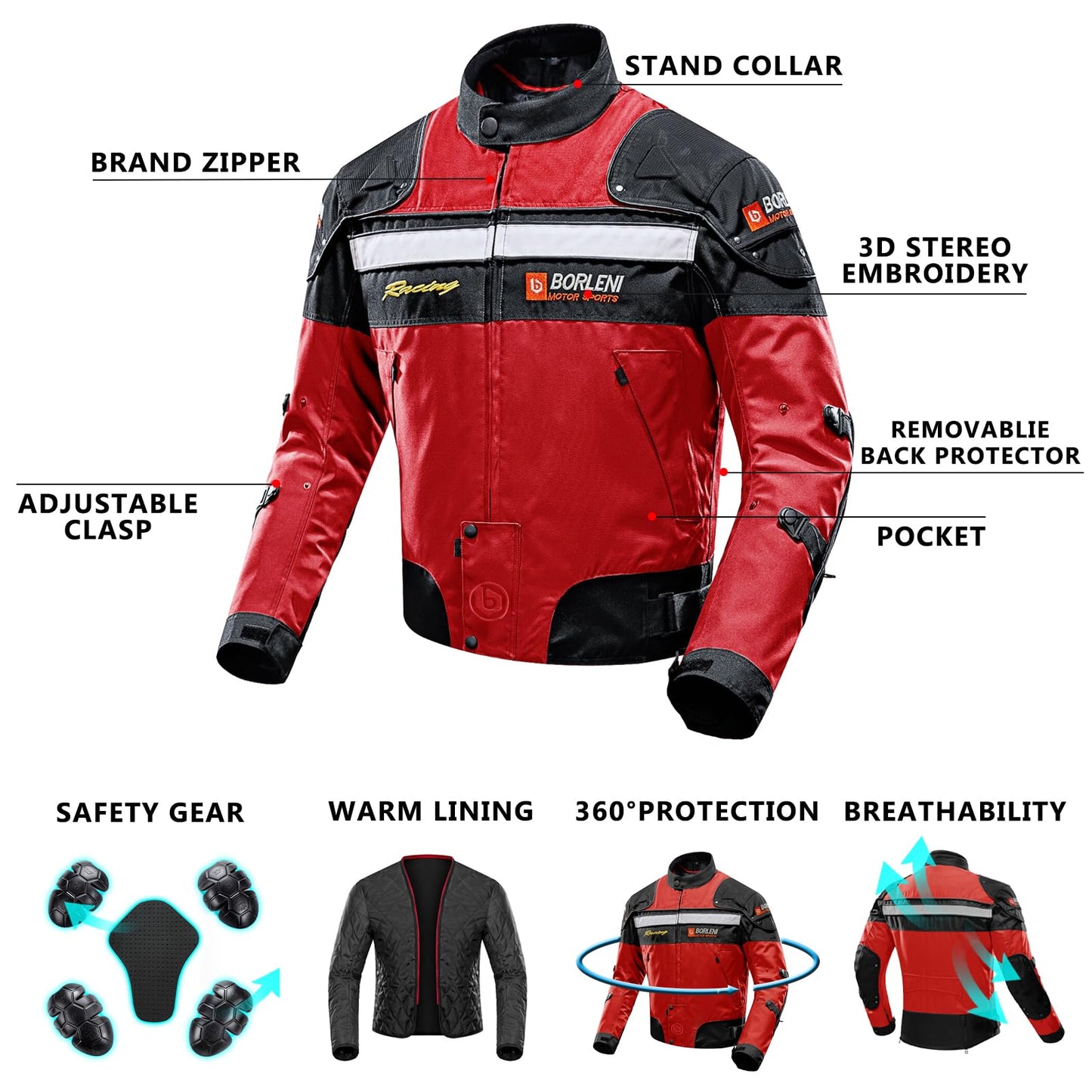 BORLENI Motorcycle Jacket Motorbike Riding Jacket Windproof Motorcycle Full Body Protective Gear Armor