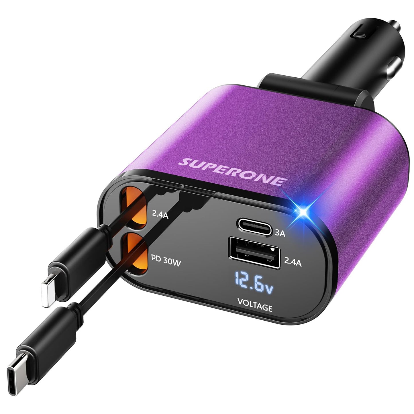 【Upgraded】 SUPERONE Retractable Car Charger 4 in 1, Fast Car Phone Charger with Cord 2.6ft, USB C and Apple Car Adapter, Compatible with iPhone 16 15/15 Pro Max/14/13/12/11, Galaxy, Pixel