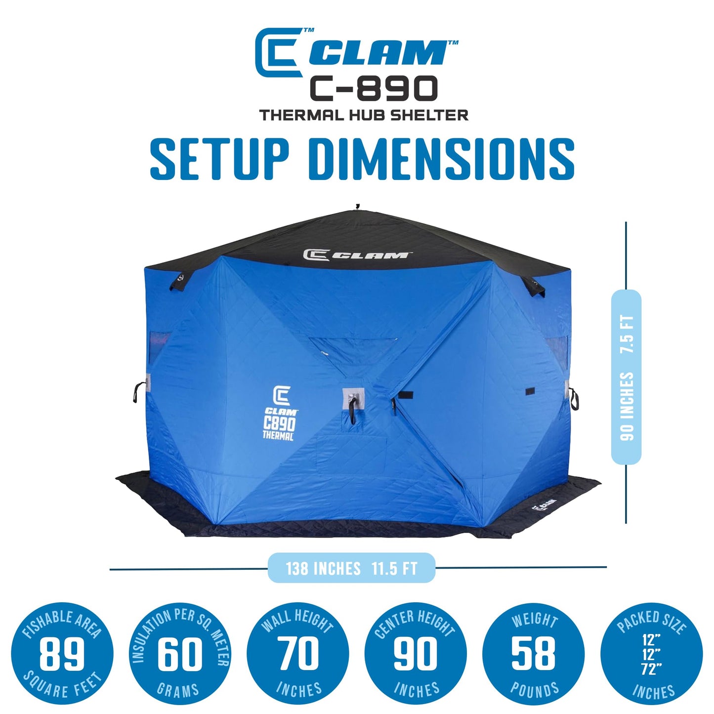 CLAM Lightweight Portable Pop Up Ice Fishing Angler Thermal Hub Shelter Tent with Anchors, Tie Ropes, and Carrying Bag