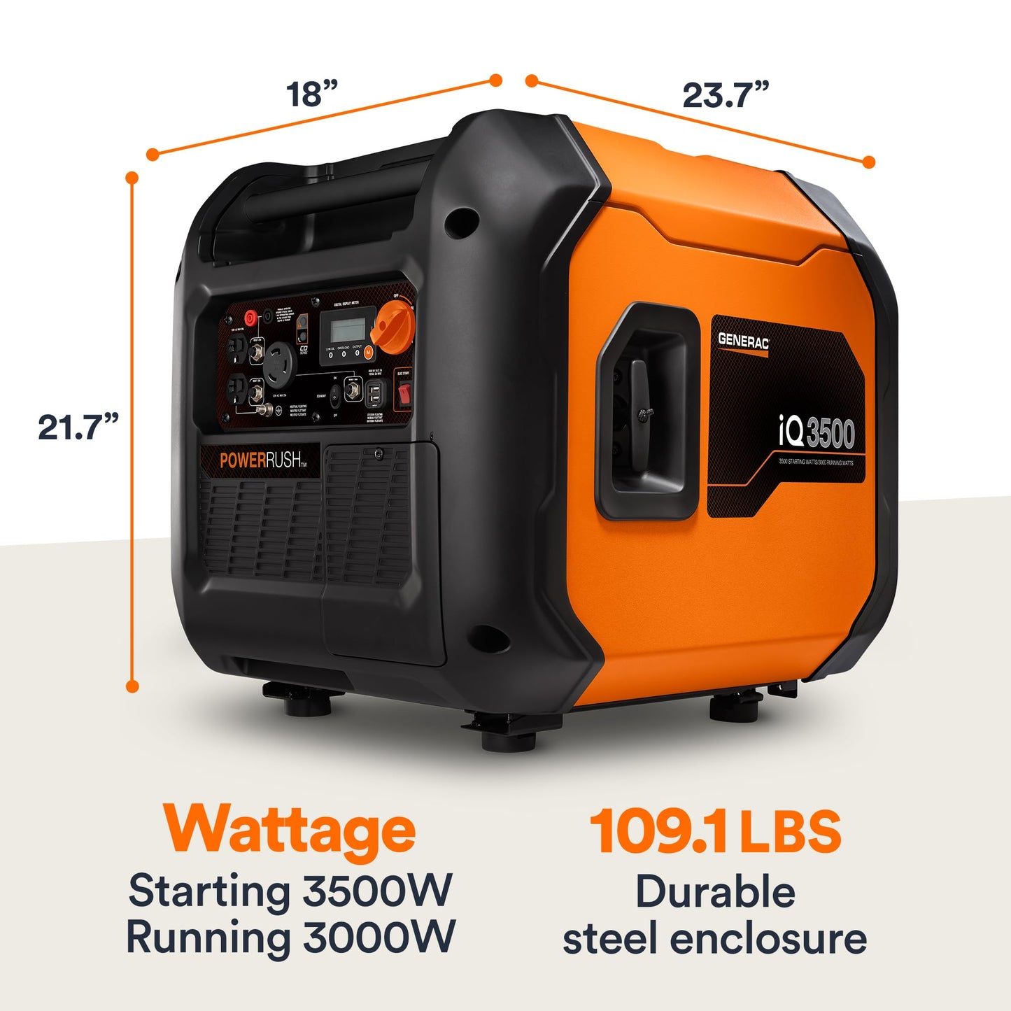 Generac 3,300-Watt Gas-Powered Portable Inverter Generator - Lightweight Design - USB Ports for Mobile Device Charging - COsense Technology - Perfect for Home use - Orange/Black