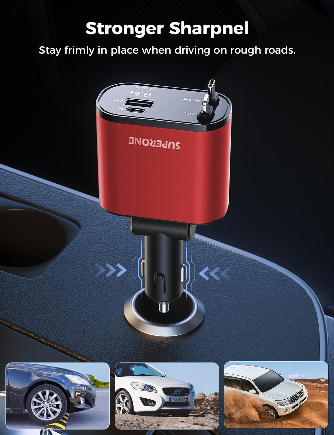 【Upgraded】 SUPERONE Retractable Car Charger 4 in 1, Fast Car Phone Charger with Cord 2.6ft, USB C and Apple Car Adapter, Compatible with iPhone 16 15/15 Pro Max/14/13/12/11, Galaxy, Pixel