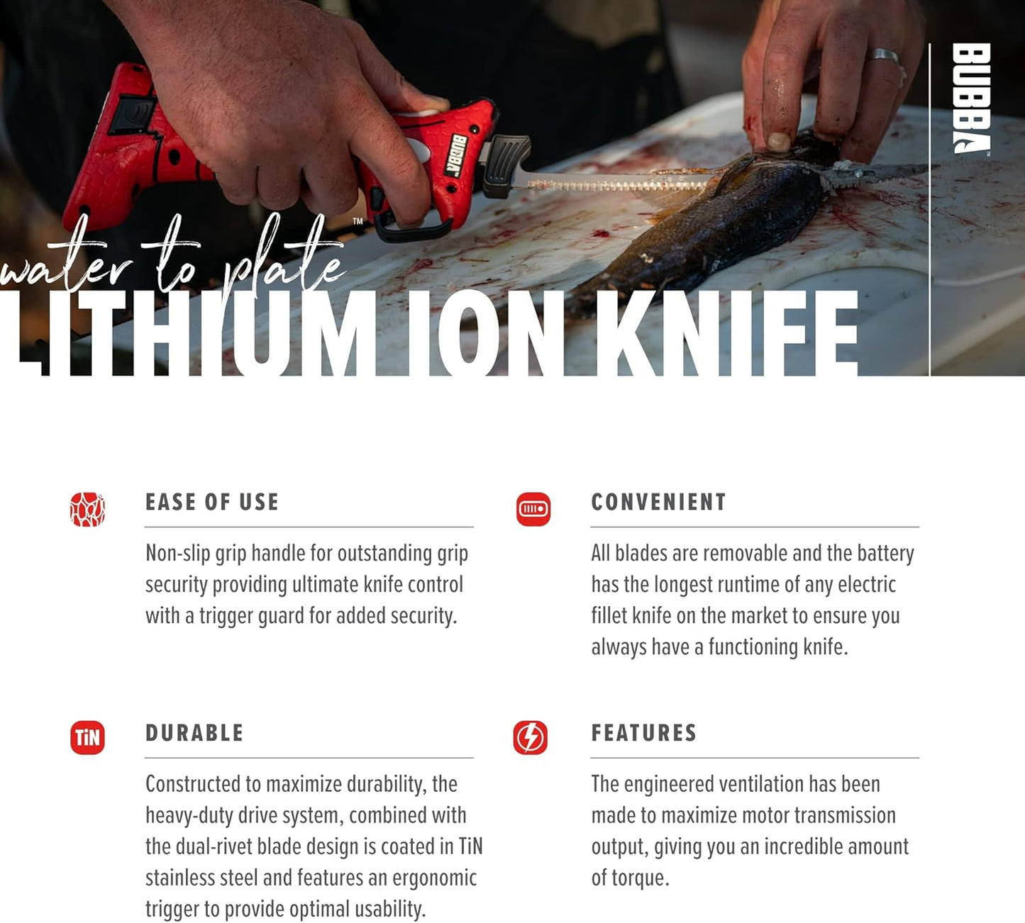 BUBBA Li-Ion Cordless Electric Fillet Knife with Non-Slip Grip Handle, 4 Ti-Nitride S.S. Coated Non-Stick Reciprocating Blades, Charger and Case for Fishing