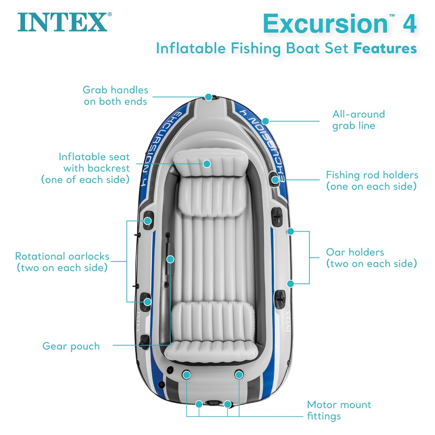 INTEX Excursion Inflatable Boat Series: Includes Deluxe 54in Boat Oars and High-Output Pump – SuperTough PVC – Adjustable Seats with Backrest – Fishing Rod Holders – Welded Oar Locks