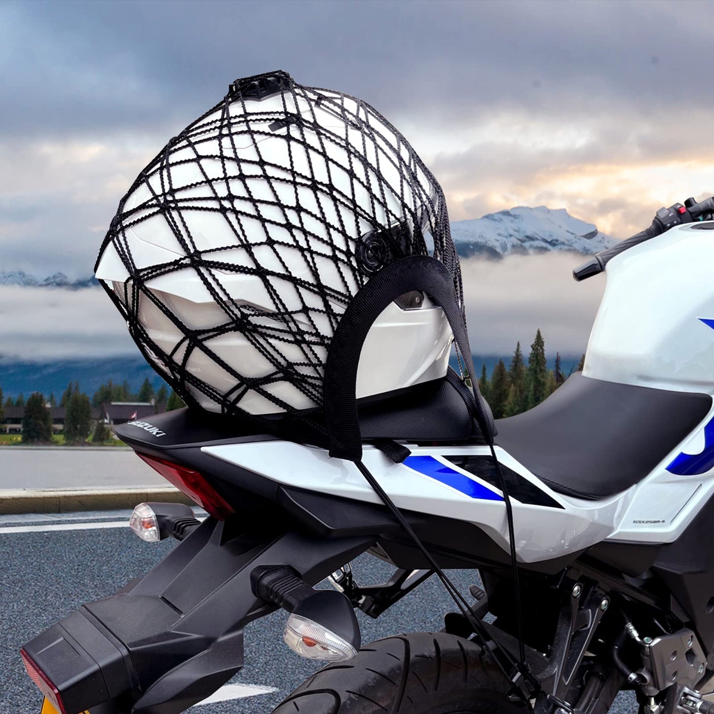 Upgrade Cargo Net for Motorcycle Helmet Storage, 10"X11" High-Elastic Double Layer Bungee Net with 4 Strong Hooks, Luggage Strap Rack Expansion Organizer Net Pocket for Motorbike Trike Cycle