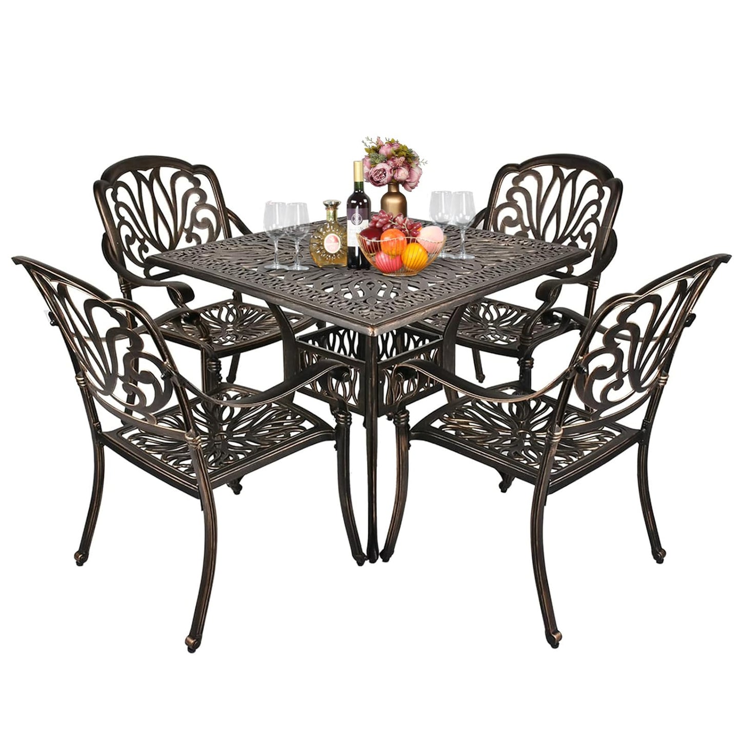 VINGLI 5 Pieces Outdoor Patio Dining Set, Cast Aluminium Patio Furniture Set with 4 Chairs and 1 Umbrella Table for Yard, Garden, Porch and Poolside, Bronze (Square Table)
