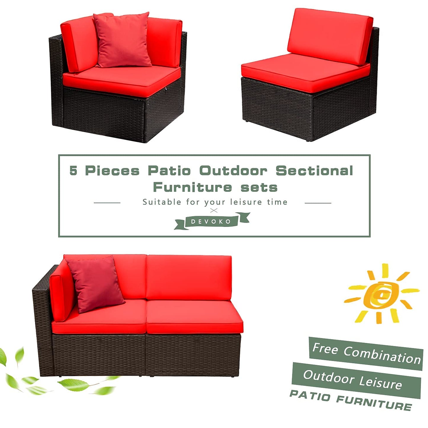 Devoko 5 Pieces Patio Furniture Sets All Weather Outdoor Sectional Patio Sofa Manual Weaving Wicker Rattan Patio Seating Sofas with Cushion and Glass Table(Beige)