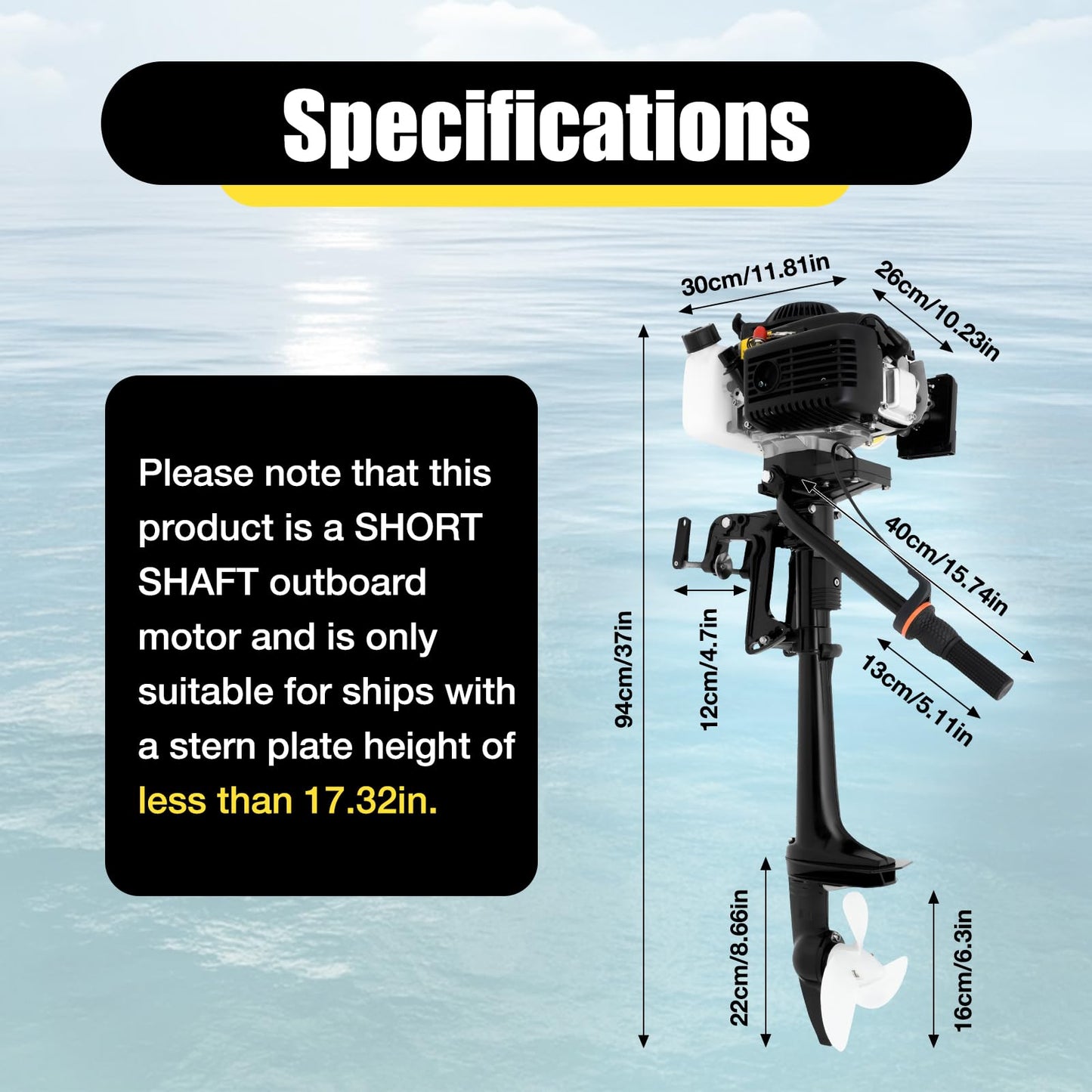 6HP Heavy Duty Outboard Motor, 170cc 4 Stroke Gas Outboard Boat Motor Engine with Air Cooling System, 3.2KW Single Cylinder Fishing Boat Engine for 3-7m Length