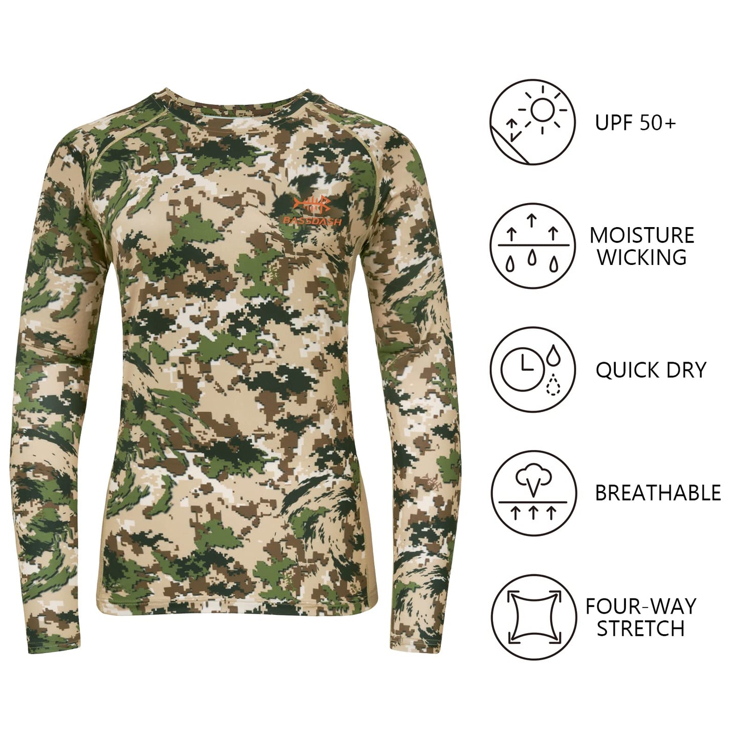 BASSDASH Women’s Camo Hunting Shirt Long Sleeve UPF 50+ Sun Protection Performance Tee Fishing Hiking