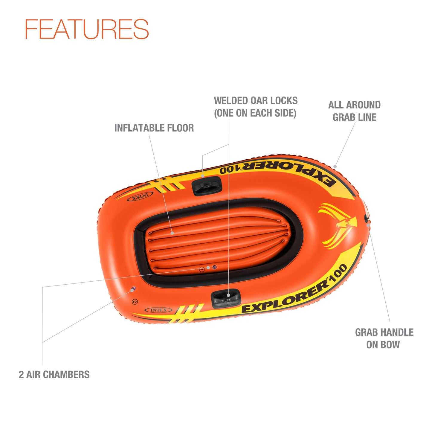 INTEX Explorer Inflatable Boat Series: Dual Air Chambers – Welded Oar Locks – Grab Handles – Bow Rope – Sporty Design