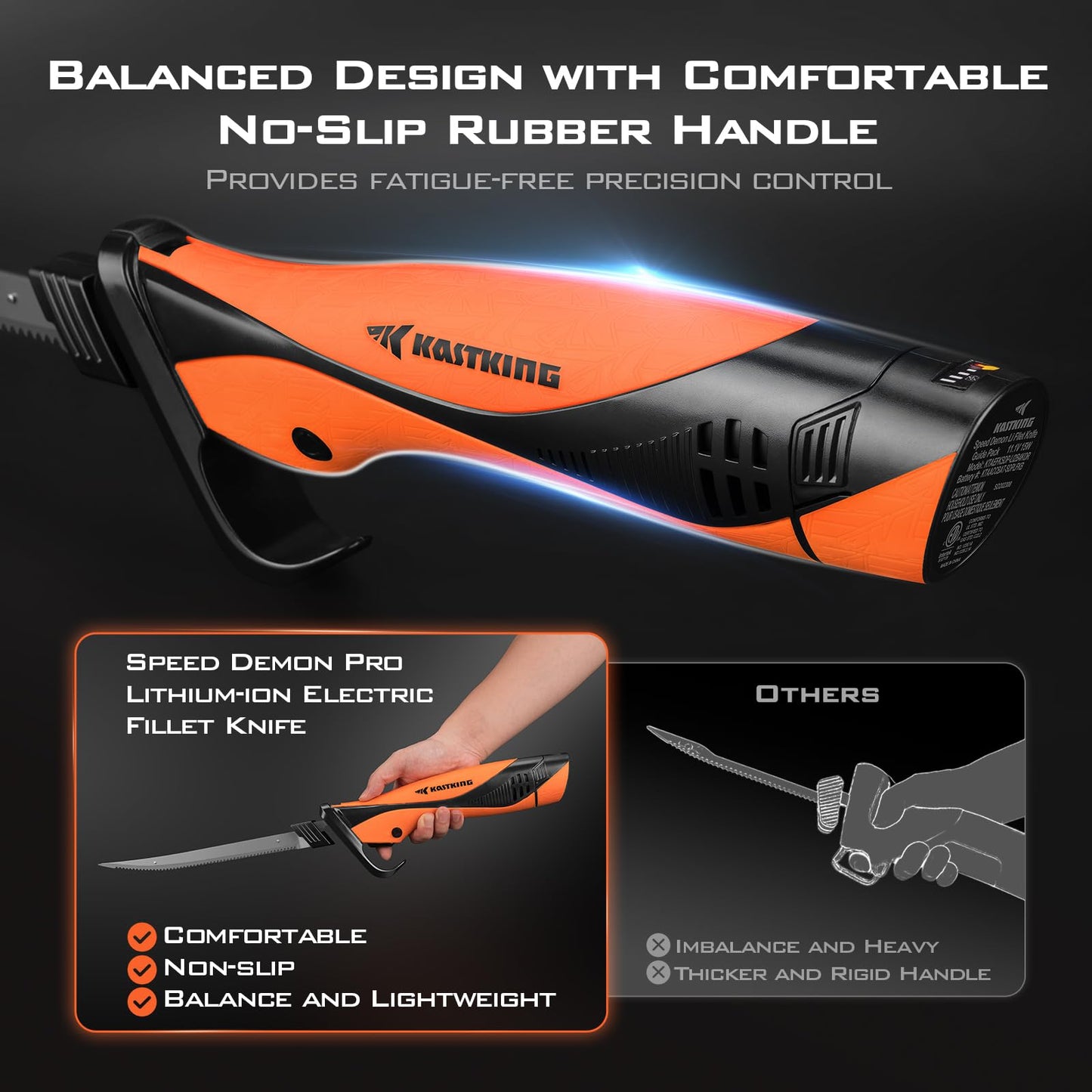 KastKing Lithium-ion Electric Fillet Knife (Speed Demon Pro) - Rechargeable, Cordless, High Speed, Extended Battery Life, Superior Blade, Ergonomic Handle, Carry Case Fishing, Filleting, Outdoors