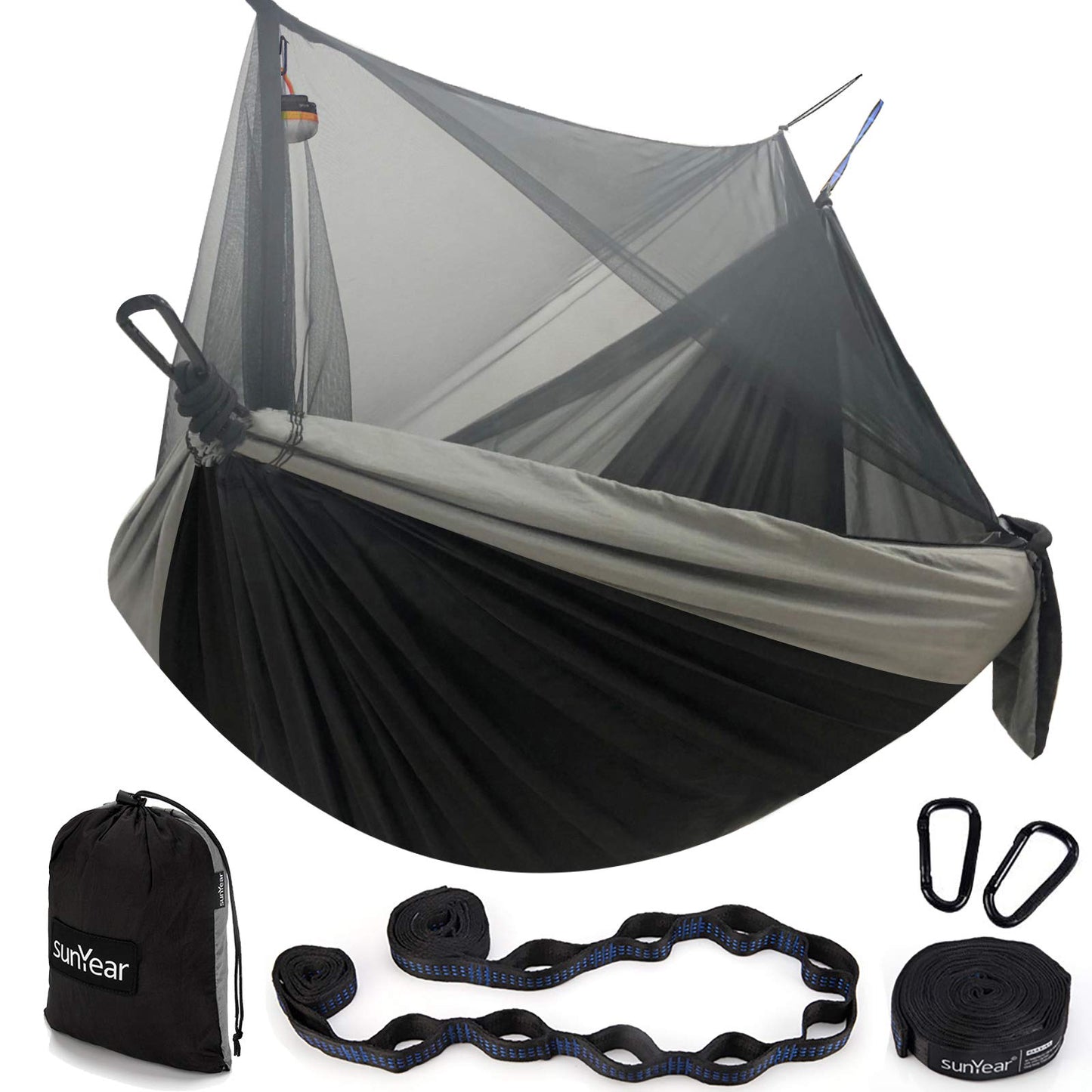 Sunyear Hammock Camping with Rain Fly Tarp and Net, Portable Camping Hammock Double Tree Hammock Outdoor Indoor Backpacking Travel & Survival, 2 Tree Straps,100% Waterproof