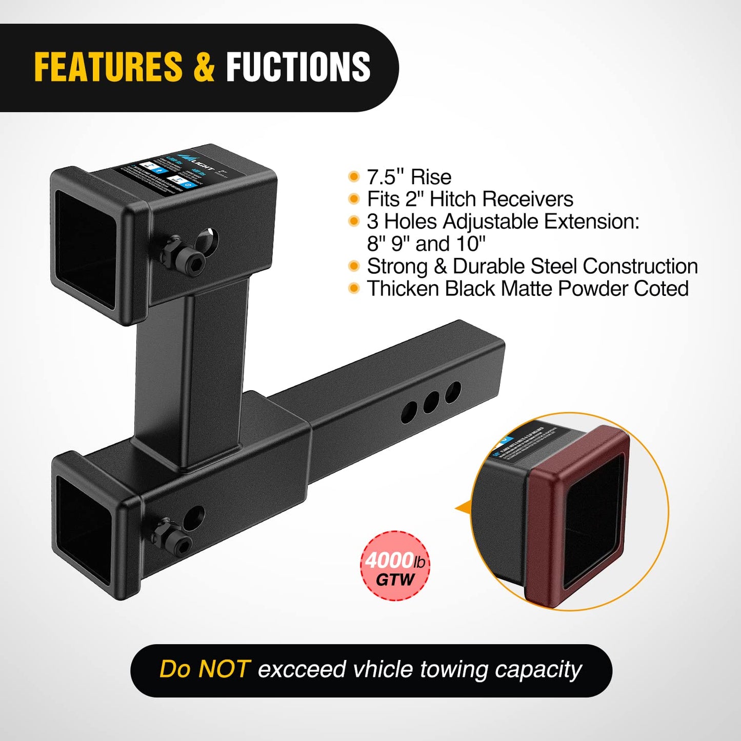 Nilight Trailer Hitch Receiver Extender Adapter Reducer 1-1/4 to 2Inch Hitch Adapter 6-1/2 inch Extension Sleeve Convertor 350Lbs with 1/2-Inch Diameter Pin and Clip with 5/8-Inch Adapter