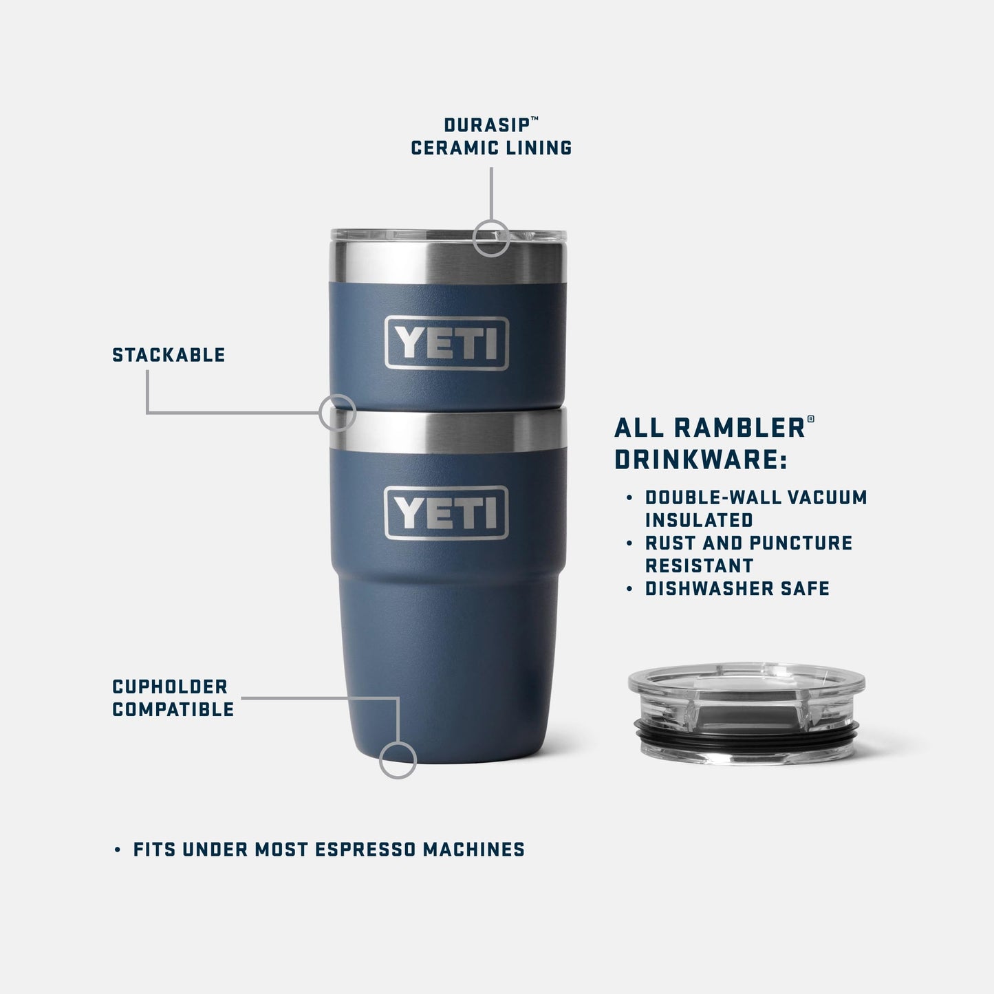 YETI Rambler 8 oz Insulated Coffee Mug with Lid - Stackable Double-Wall Vacuum Insulated Coffee Cup - DuraSip Ceramic Lining - Barista-Friendly Design - Stainless Steel - Dishwasher Safe, Stainless