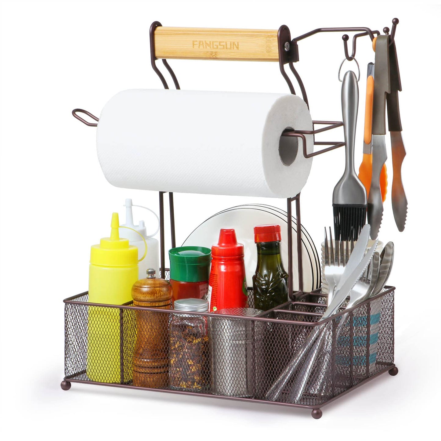 FANGSUN Grill Caddy, BBQ Caddy with Paper Towel Holder, Picnic Condiment Utensil Caddy for Outdoor Camping, Barbecue Accessories Storage Organizer for Griddle Grilling Tool, Rv Patio Camper Must