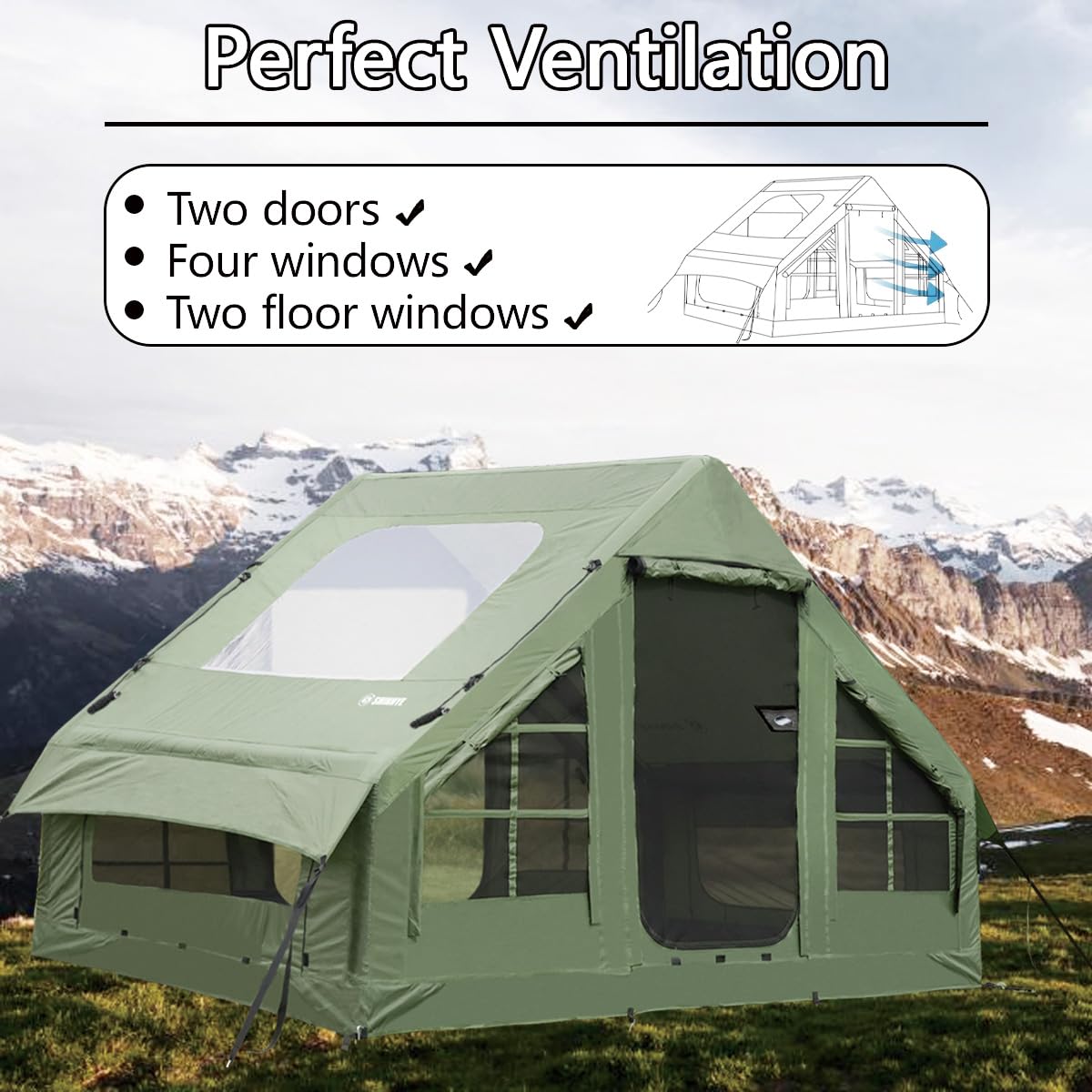 Inflatable Tent for Camping with Hand Pump Blow Up Tent Glamping 4 Season Air, Easy Setup Waterproof Outdoor Oxford Army Green 4-6 Person House Breathable Large Luxury