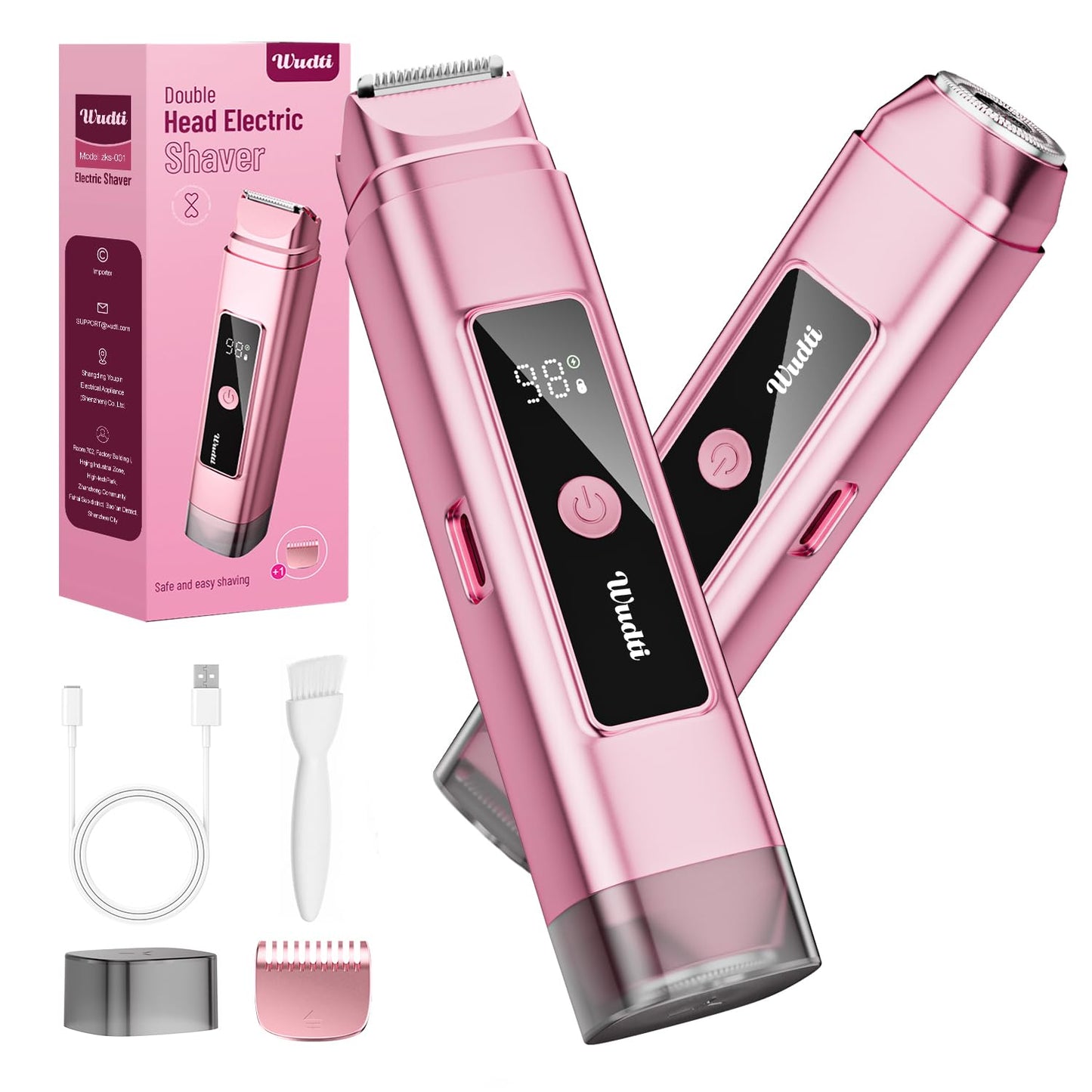 WUDTI Electric Bikini Trimmer for Women: Razor & Shaver with Dual Heads for Body Pubic Hair, IPX7 Waterproof with LED Display - Rechargeable Lady Trimmer for Underarm Body Leg Face