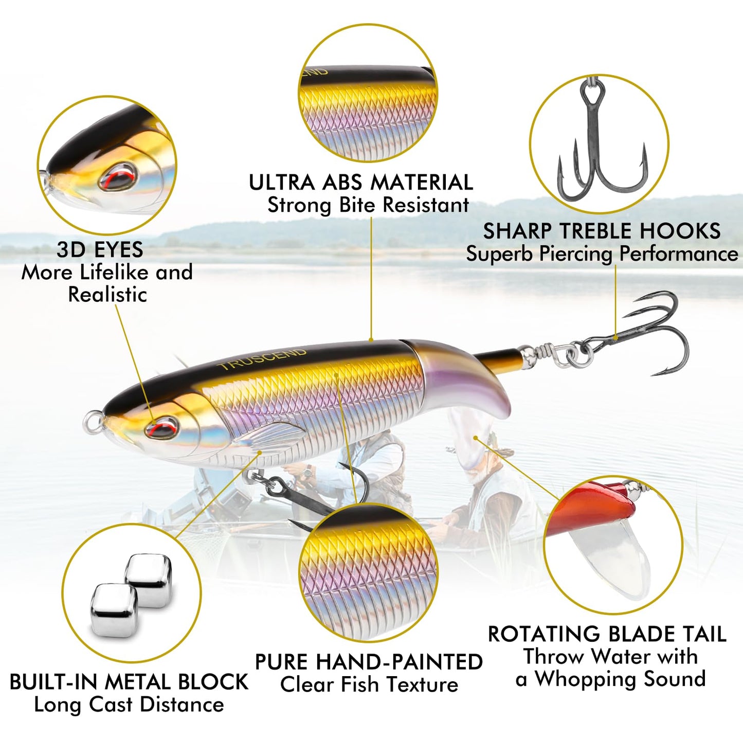 TRUSCEND PoPobait Plopper with BKK Hooks, Top Water Fishing Lures for Bass Walleye Pike Catfish Musky Perch, Floating Lure for Freshwater or Saltwater, Amazing Teasers Fishing Gifts for Family Fishing