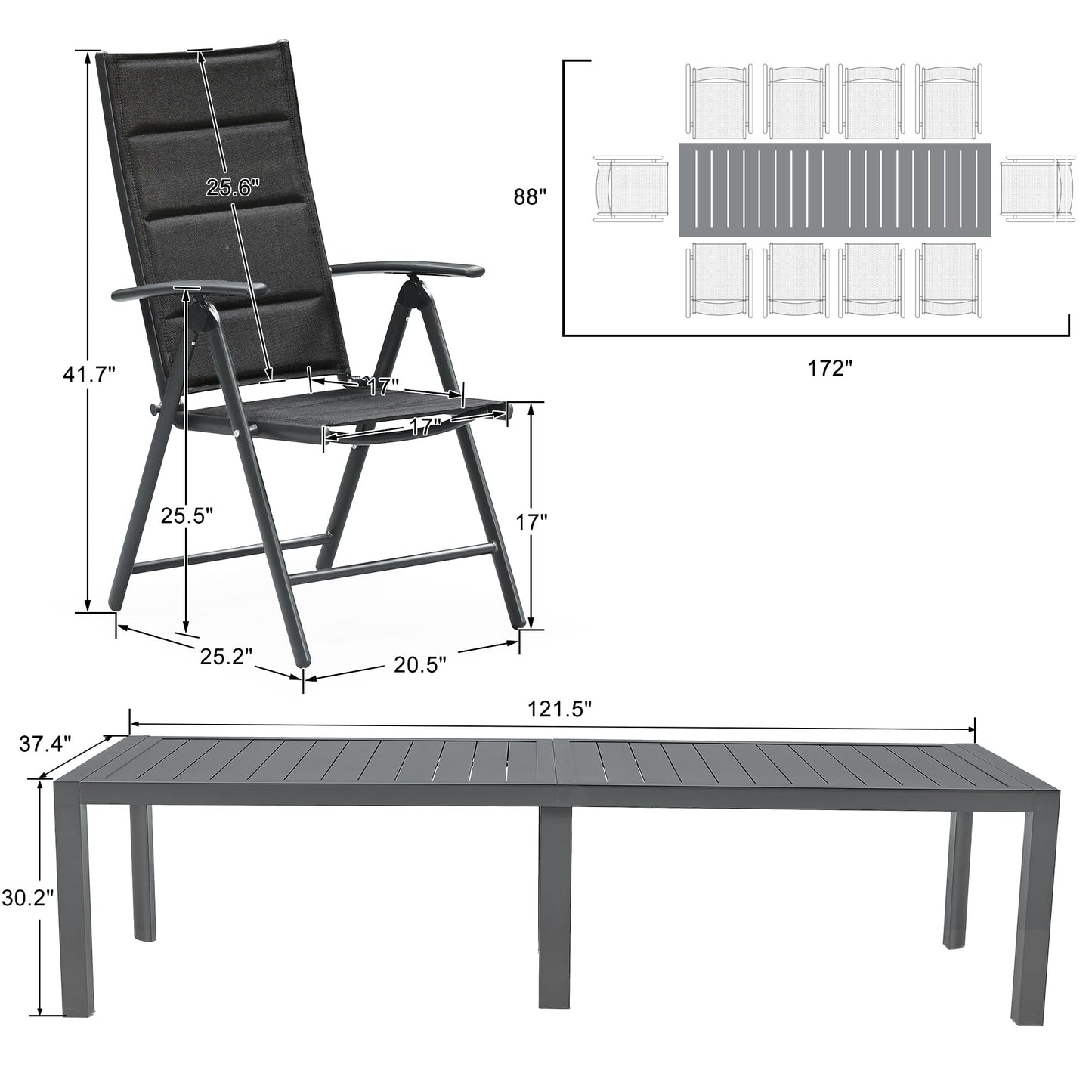 PURPLE LEAF 9 Pieces Outdoor Patio Dining Set with 8 Folding Portable Chairs and 1 Rectangle Aluminum Table, Foldable Adjustable High Back Reclining Chairs with Soft Cotton-Padded Seat, Grey