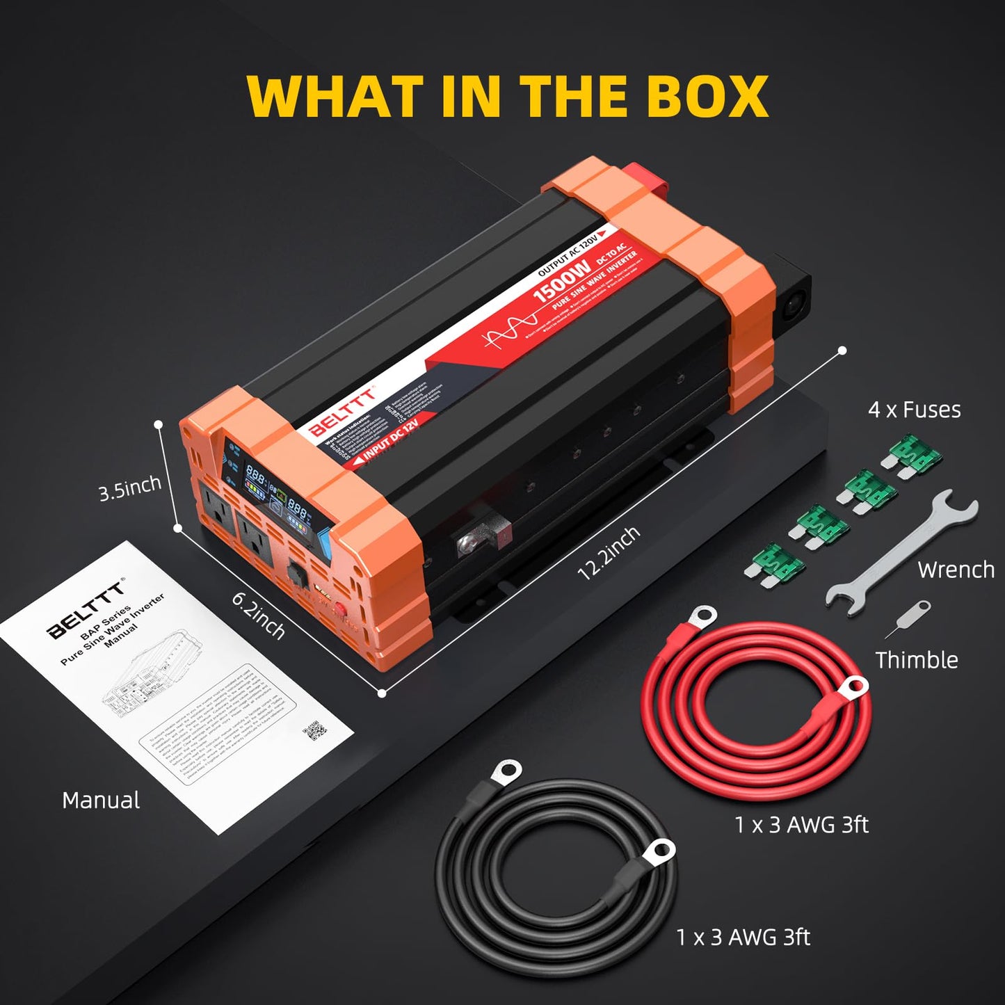 BELTTT 1000Watt Pure Sine Wave Inverter 12V DC to 120V AC for RV, Truck, Off-Grid Solar Car Power Inverter 12V to 110V Converter with Dual AC Socket and 5V 2.1A USB, Intelligent LCD, 2000W Peak