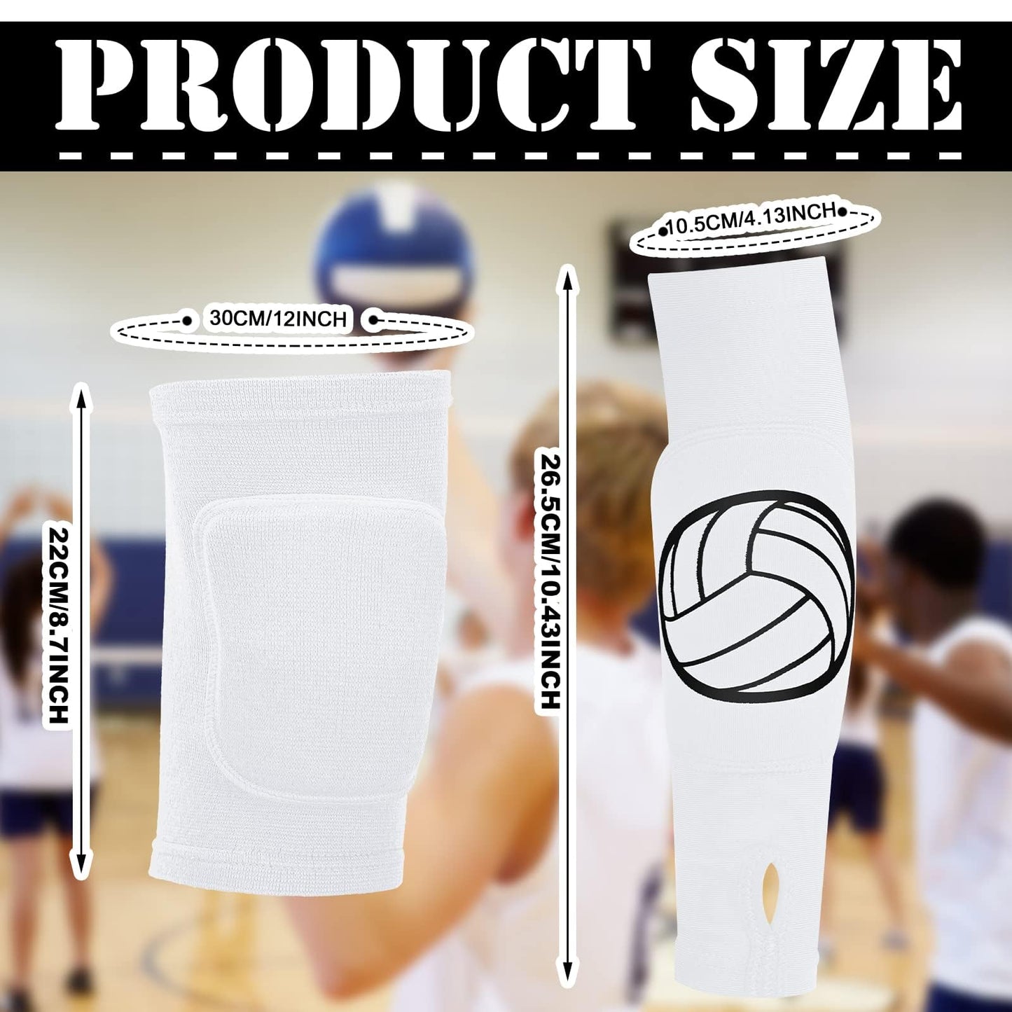 Sosation 2 Set Volleyball Knee Pads and Volleyball Arm Sleeves with Protection Pad Compression Forearm Wrist Guard with Thumb Hole Soft Breathable for Hitting Passing(Black, White)