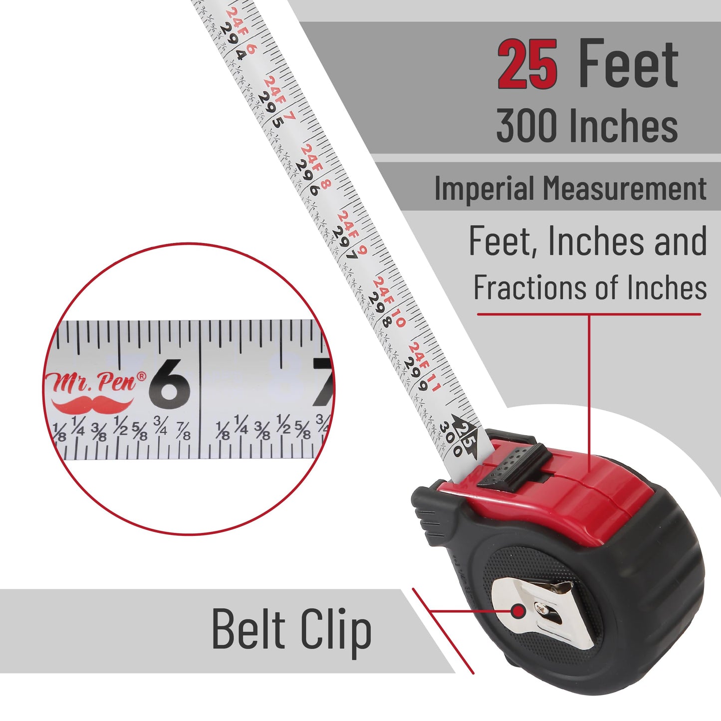 Mr. Pen 25-Foot Steel Retractable Tape Measure with Easy Read Fractions