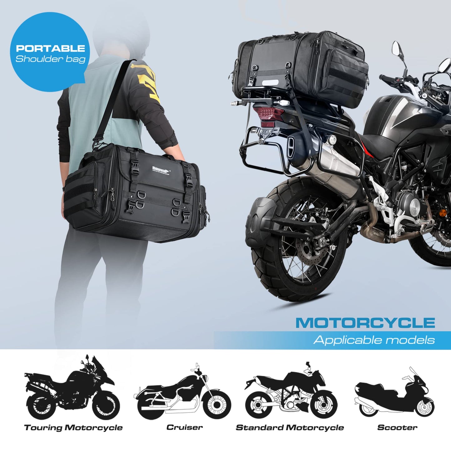 Rhinowalk Motorcycle Tail Bag, Expandable Motorcycle Travel Luggage Bags 60L, Waterproof All-Weather Trunk Rack Bag with Sissy Bar Straps & Helmet Rain Cover – Black