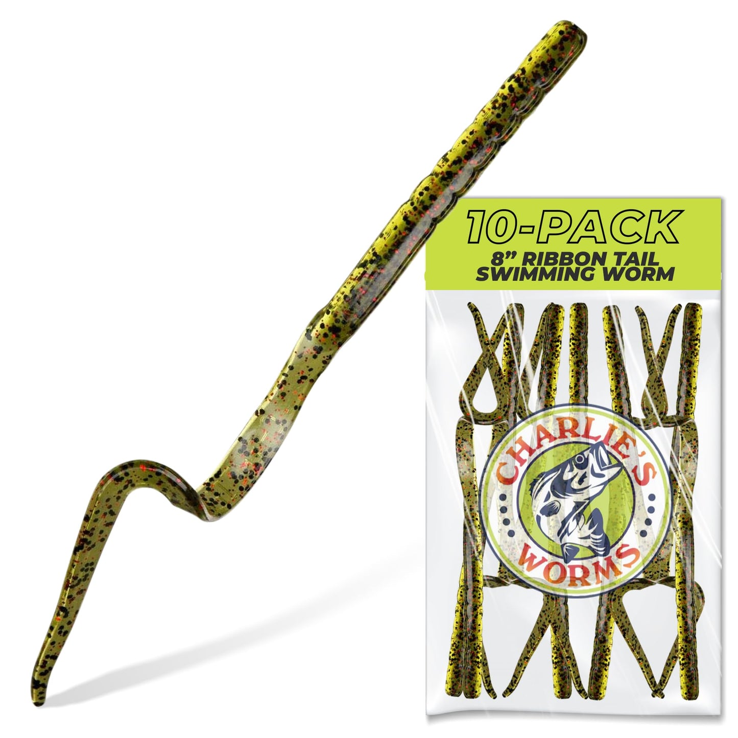 Charlie's Worms Artificial Fishing Bait 8" Ribbon Tail Swimming Worm, Freshwater Saltwater Bass Soft Lures Scented 10pk