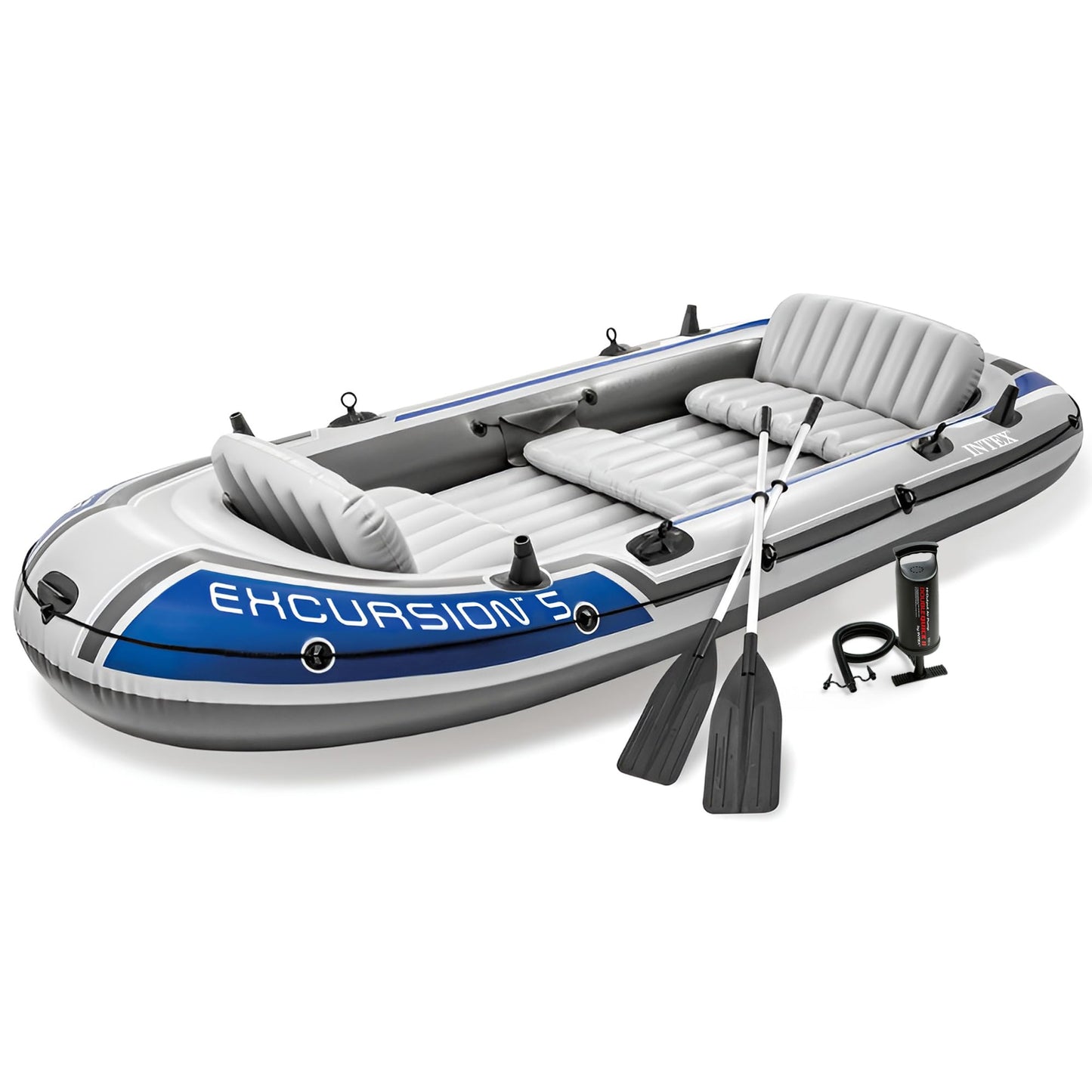 INTEX Excursion Inflatable Boat Series: Includes Deluxe 54in Boat Oars and High-Output Pump – SuperTough PVC – Adjustable Seats with Backrest – Fishing Rod Holders – Welded Oar Locks