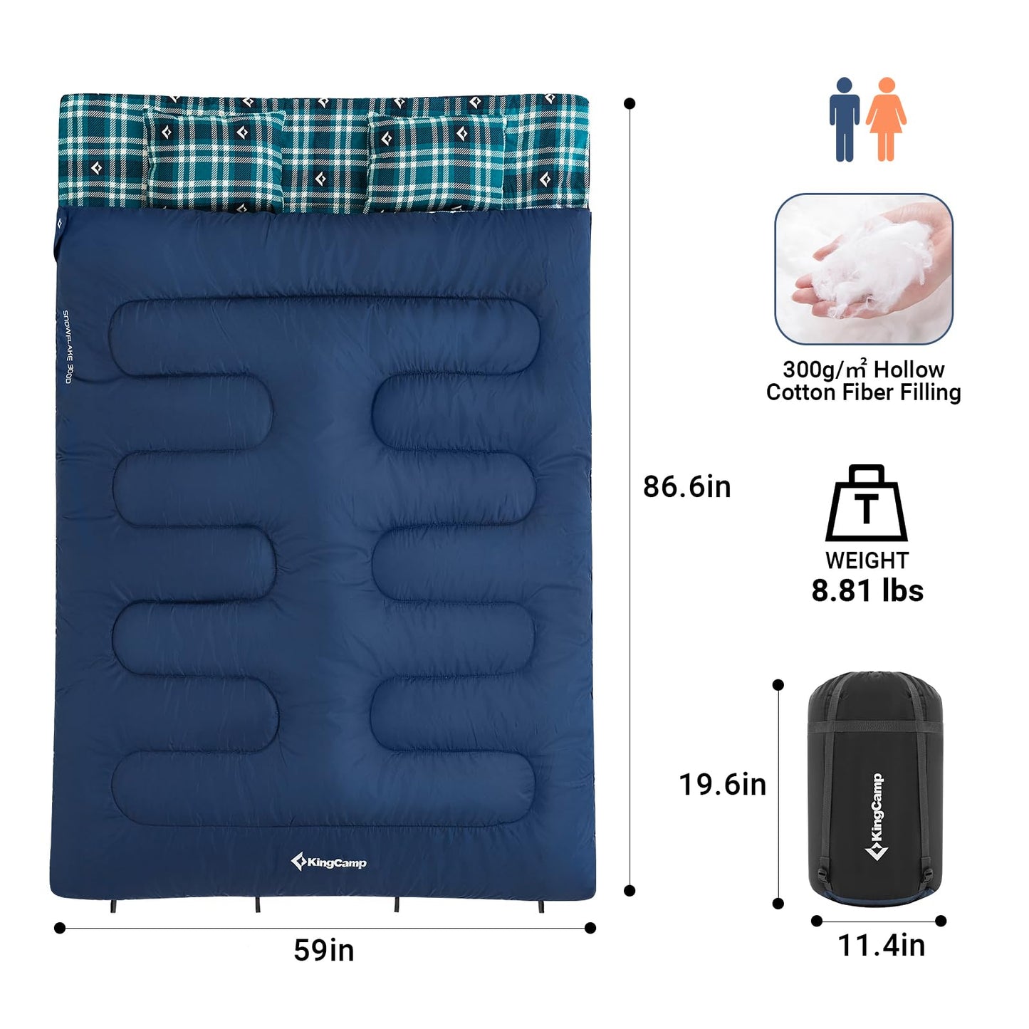 KingCamp Queen Size 2 Person Double Sleeping Bags with Pillows for Adults, 20 Degree Lightweight Backpacking Quilts for Couples Family Camping Hiking and Outdoors, Waterproof