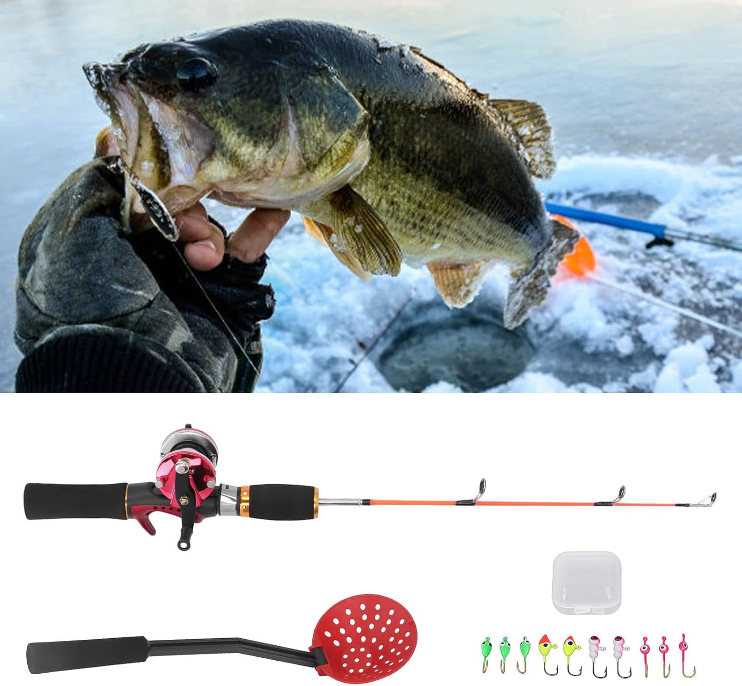 PerGar Ice Fishing Rod Reel Combo, Carbon Fiber Rod, 56cm, Ice Casting, Adult, Fish, 9.1oz, 8lb Monofilament Line, Medium Power, Includes Rod Handle, Reel, Hook Storage Box, Spoon, 10 Hooks