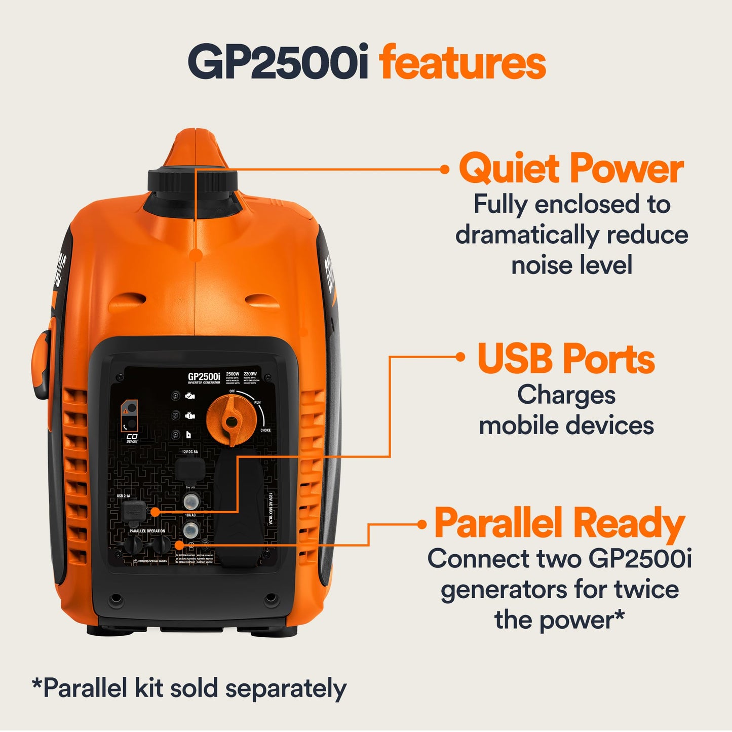 Generac 3,300-Watt Gas-Powered Portable Inverter Generator - Lightweight Design - USB Ports for Mobile Device Charging - COsense Technology - Perfect for Home use - Orange/Black