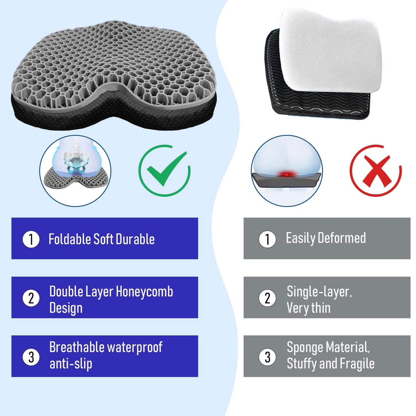 Kayak Seat Cushion, Thicken Anti Slip Waterproof Gel Kayak Seat, Portable Canoe Rowing Rubber Dinghy Pad for Stadium Sit in Kayak Inflatable Fishing Kayak Canoe Kayak Accessories