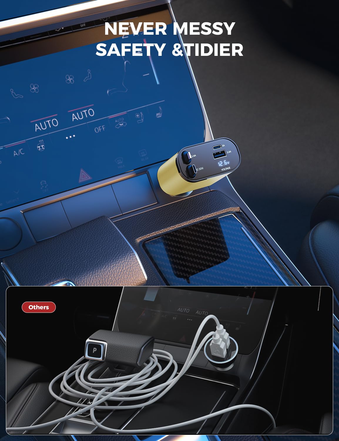 【Upgraded】 SUPERONE Retractable Car Charger 4 in 1, Fast Car Phone Charger with Cord 2.6ft, USB C and Apple Car Adapter, Compatible with iPhone 16 15/15 Pro Max/14/13/12/11, Galaxy, Pixel