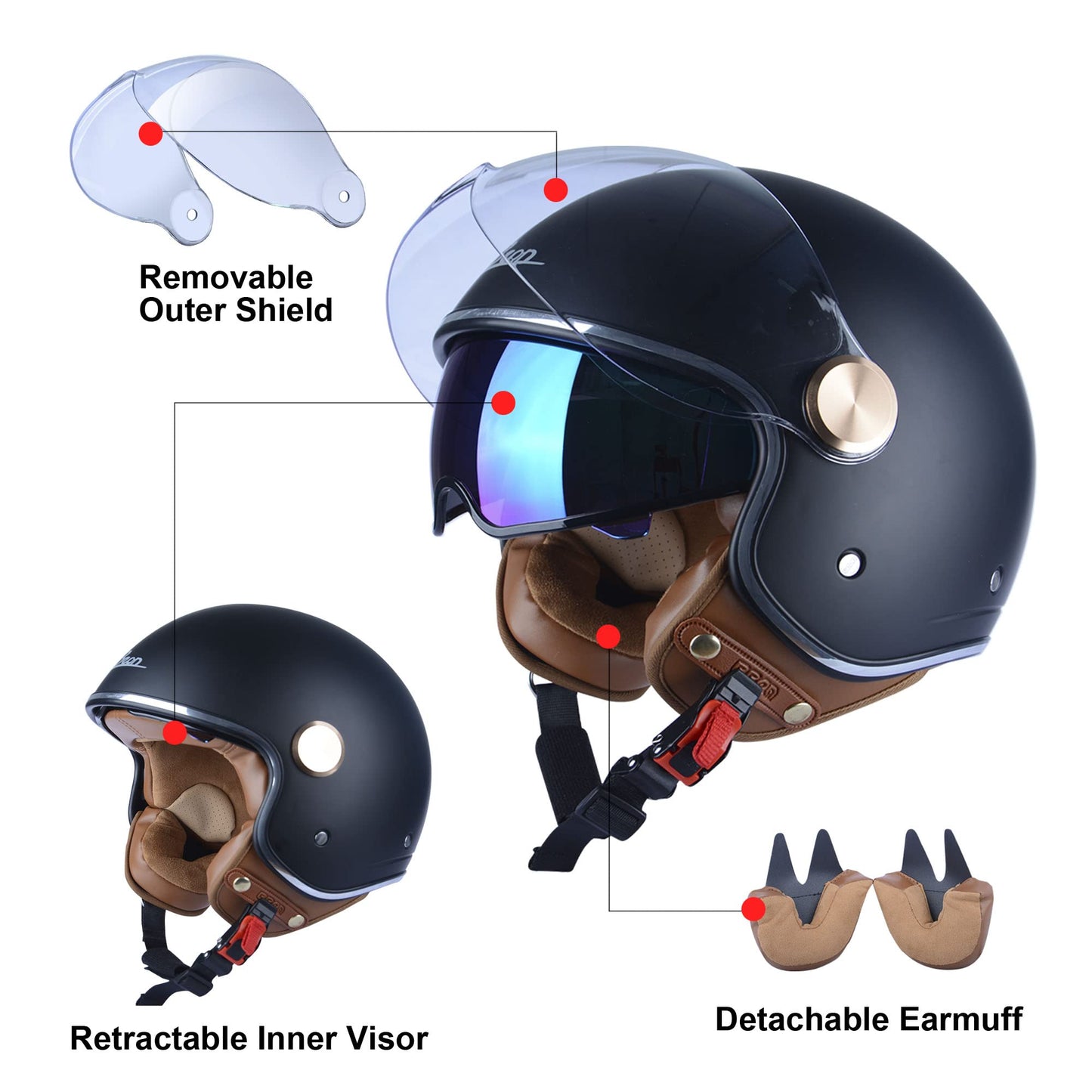 Open Face Motorcycle Helmet for Adults, DOT Approved,3/4 Retro Vespa Helmet, Dual Visors Men's and Women's Motorbike Casco for Moped Cruiser Bobber and Chopper