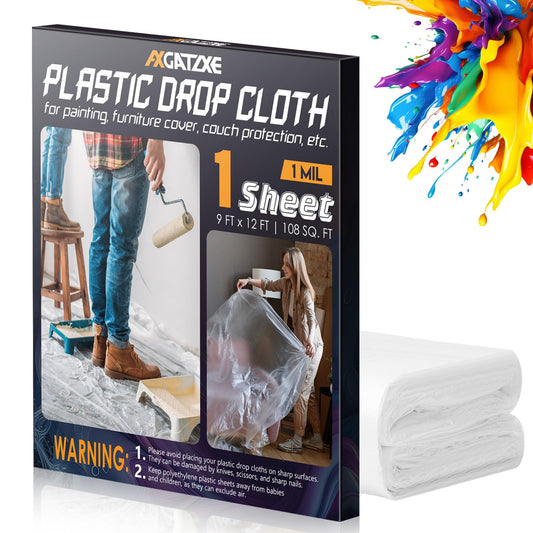 12 x 9 Ft Plastic Drop Cloths (6-Pack) - Disposable Painter's Sheeting & Tarps for Painting, Waterproof Furniture/Couch/Floor Protection