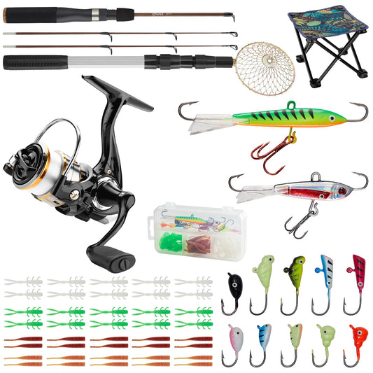 Gonex Ice Fishing Rod Reel Combo Medium Light Carbon Fiber Fiberglass Portable Complete Kit Include Skimmer Spare Rod Spinning Ice Fishing Reel Ice Jig Folding Stool for Winter Fishing