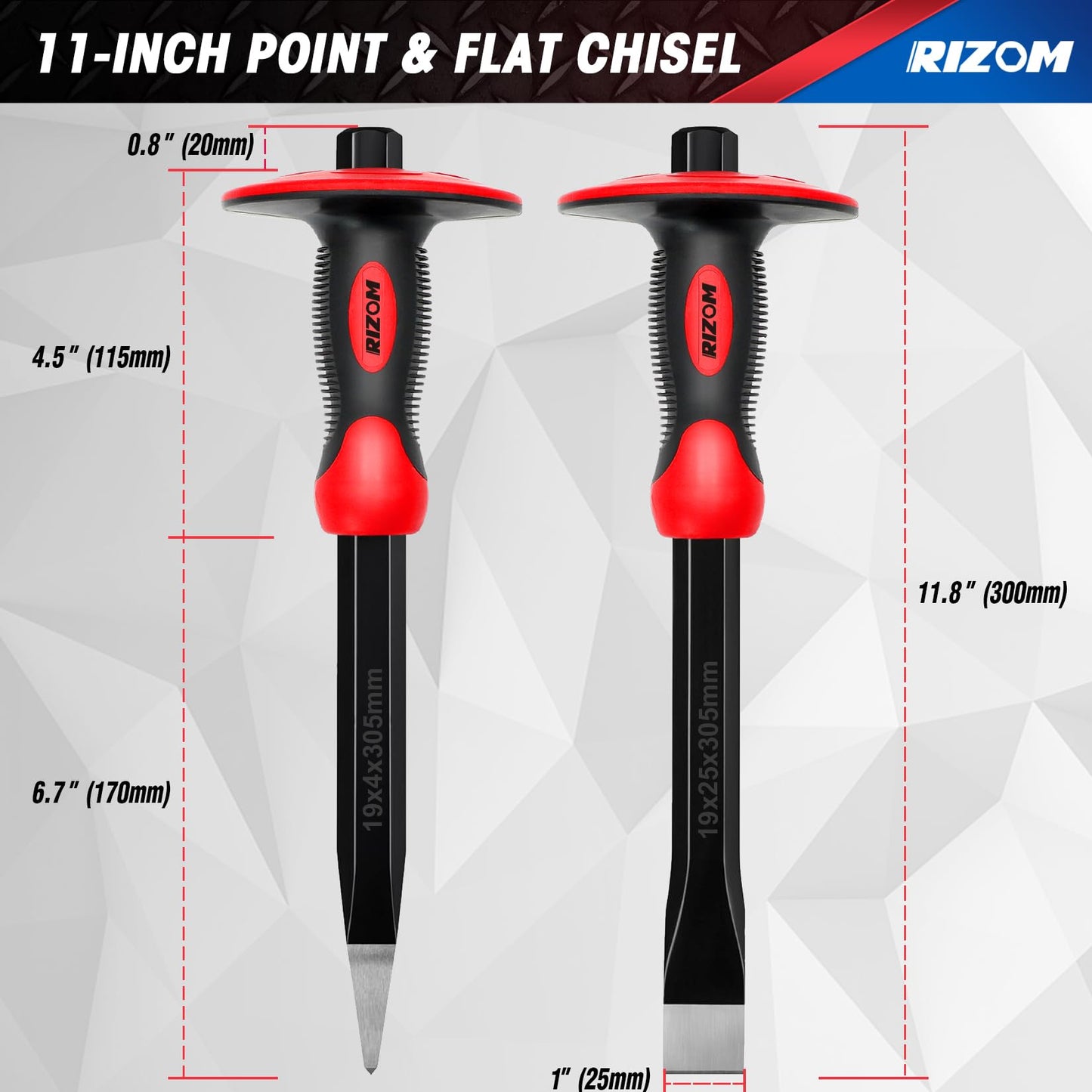 Rizom Chisel Set with Hand Protection, 3 Pcs Stone and Rock Chisel, Heavy Duty Masonry Tools including 11-Inch Point and Flat, 8-Inch Brick
