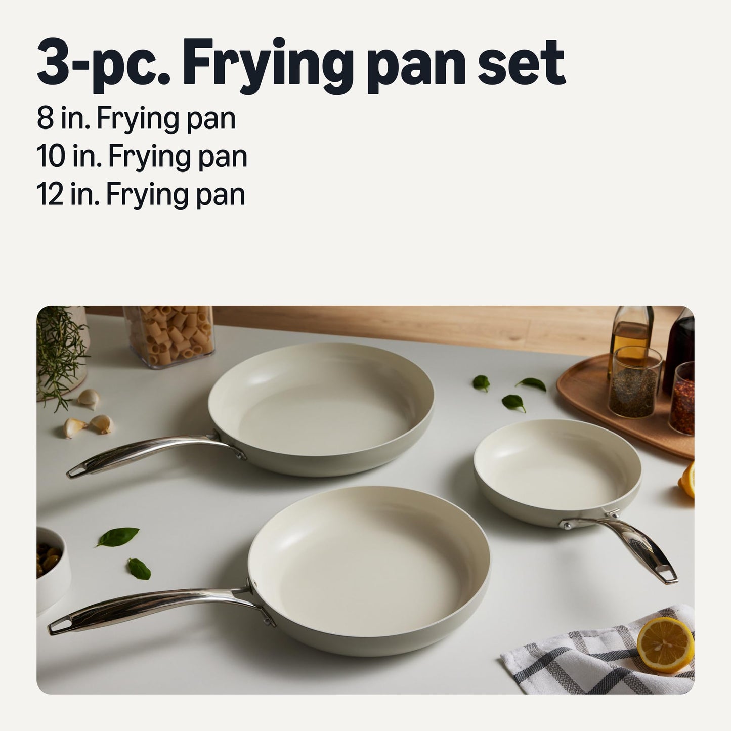 Amazon Basics Ceramic Nonstick Cookware, 3-Piece Set of Pans, All Cooktop Friendly, Dishwasher-Safe, Linen Gray