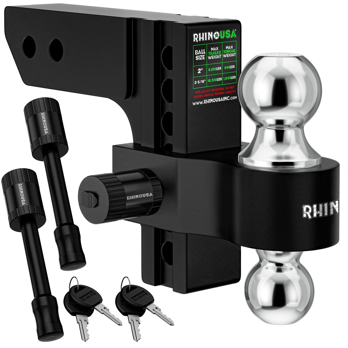 Rhino USA Adjustable Trailer Hitch (Fits 2-Inch Receiver) - Heavy Duty Aluminum Tow Hitches with 6-Inch Drop/Rise for Truck (12,500 LBS GTW) - Weatherproof Double Anti-Theft Locking Hitch Pins (Black)