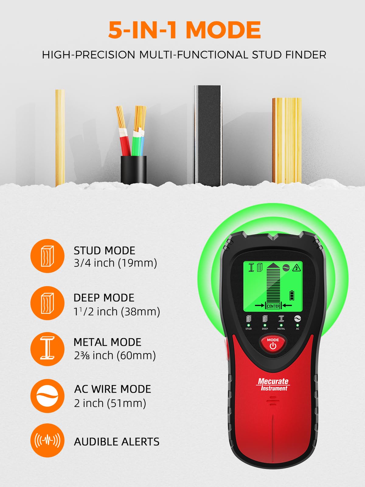 Mecurate Stud Finder Wall Scanner Sensor - 5 in 1 Electronic Stud with LCD Display & Audio Alarm for Wood AC Live Wire Metal Studs Detection Joist Pipe