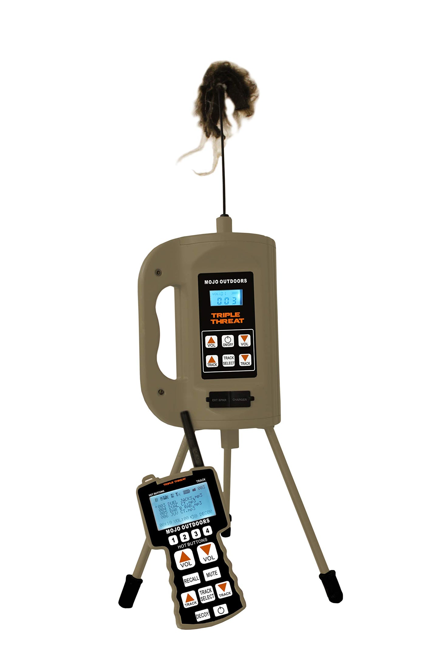 MOJO Triple Threat Predator Decoy & E-Caller – Complete Hunting System with 80 Sounds, Remote Control, Critter Decoy, Rechargeable Battery Compatible, and Durable Design