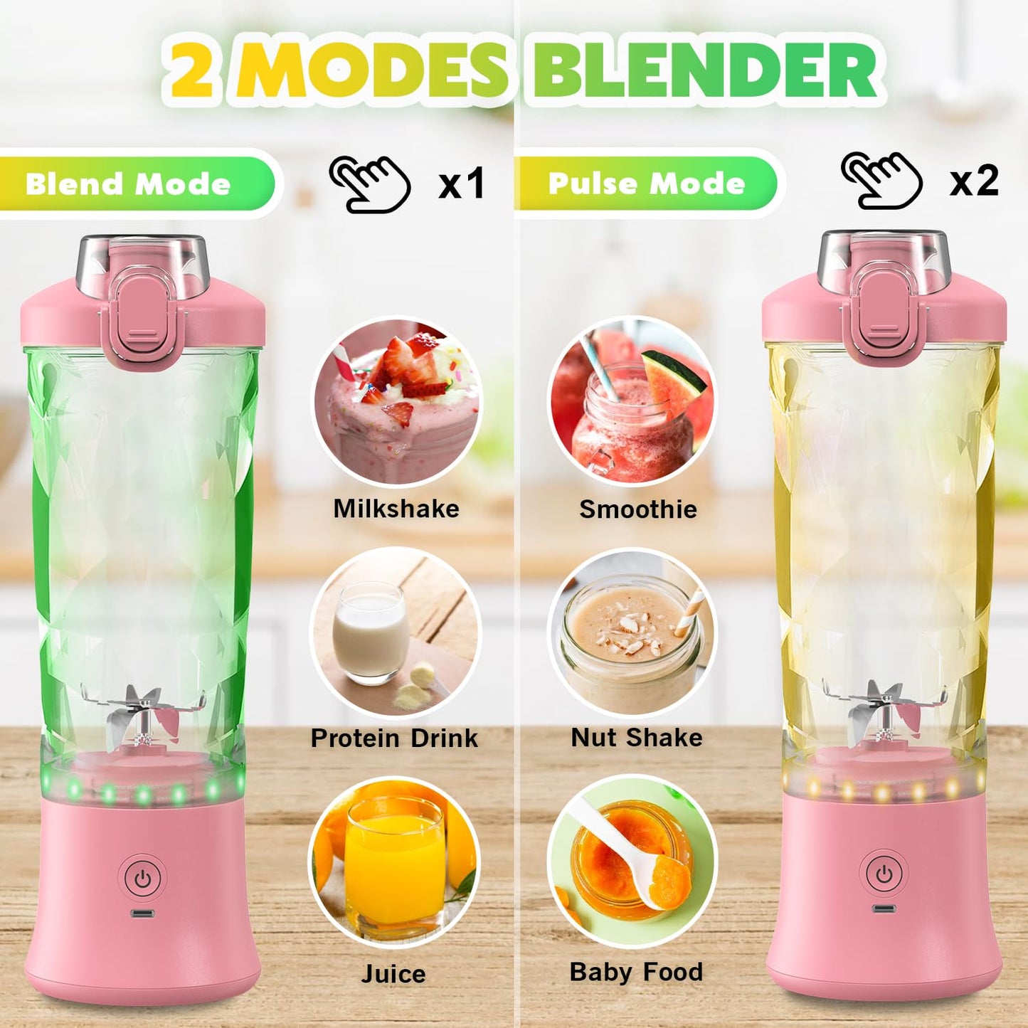 Portable Blender with Insulated Carrying Case & Recipe Book for Shakes and Smoothies, 24 OZ Personal Juicer Electric Protein Shaker Bottle, Mini Small Blender Cup with USB-C Rechargeable, Travel Lid