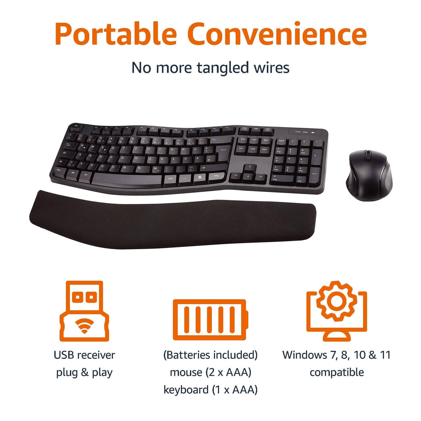 Amazon Basics Ergonomic Wireless Keyboard and Mouse Combo with Wrist Rest, Plug and Play, 2.4 GHz USB, Easy to Use, Black