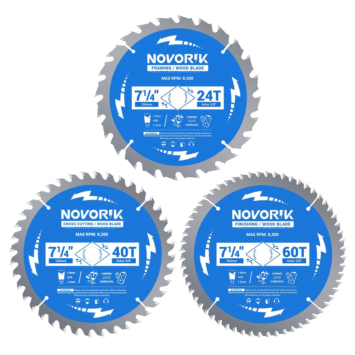 Circular Saw Blade 7-1/4" 24T&40T&60T, Saw Blade with Arbor 5/8", ATB Circular Saw Blade, Professional for Wood Cutting, 3-Pack